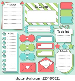 Notas de papel en blanco. Conjunto de organizadores de estacionamientos. Notas de cuaderno y horario de memo.Pegatinas de planificadores impresas. Panel de notas pegajosas de la lista de tareas. Elemento de planificación digital. Ilustración vectorial.
