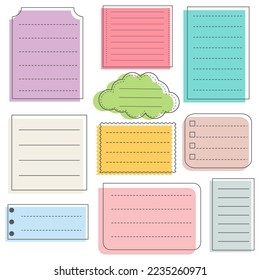 Cute blank paper notes. Stationery organizer set. Scrapbook notes and memo schedule.Printable planner stickers. To Do List sticky note pad. Digital planning element. Vector illustration.