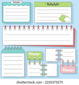 Cute blank paper notes. Stationery organizer set. Scrapbook notes and memo schedule.Printable planner stickers. To Do List sticky note pad. Digital planning element. Vector illustration.