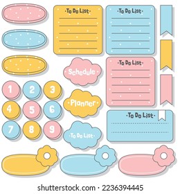 Cute blank paper notes. Stationery organizer set. Scrapbook notes and memo schedule.Printable planner stickers. To Do List sticky note pad. Digital planning element. Vector illustration.