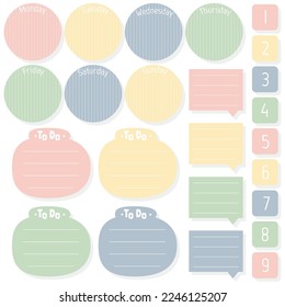 Klare Papiernotizen. Stationery Organisator Set. Scrapbook Noten und Memo Plan.Printable Planer Aufkleber. So führen Sie die Notizblock auflisten auf. Element Digitale Planung. Vektorgrafik.