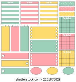 Cute blank paper notes. Stationery organizer set. Scrapbook notes and memo schedule.Printable planner stickers. To Do List sticky note pad. Digital planning element. Vector illustration.