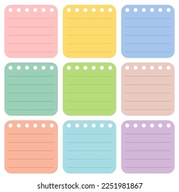 Cute blank paper notes. Stationery organizer set. Scrapbook notes and memo schedule.Printable planner stickers. To Do List sticky note pad. Digital planning element. Vector illustration.
