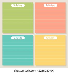 Cute blank paper notes. Stationery organizer set. Scrapbook notes and memo schedule.Printable planner stickers. To Do List sticky note pad. Digital planning element. Vector illustration.
