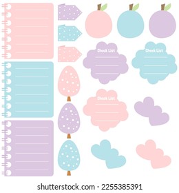 Cute blank paper notes. Stationery organizer set. Scrapbook notes and memo schedule.Printable planner stickers. To Do List sticky note pad. Digital planning element. Vector illustration.