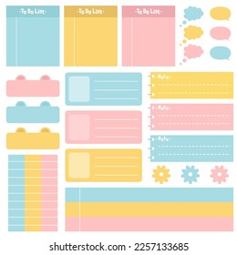 Cute blank paper notes. Stationery organizer set. Scrapbook notes and memo schedule.Printable planner stickers. To Do List sticky note pad. Digital planning element. Vector illustration.