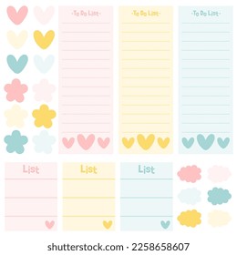 Cute blank paper notes. Stationery organizer set. Scrapbook notes and memo schedule.Printable planner stickers. To Do List sticky note pad. Digital planning element. Vector illustration.