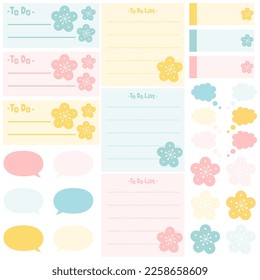 Cute blank paper notes. Stationery organizer set. Scrapbook notes and memo schedule.Printable planner stickers. To Do List sticky note pad. Digital planning element. Vector illustration.