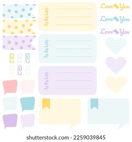 Cute blank paper notes. Stationery organizer set. Scrapbook notes and memo schedule.Printable planner stickers. To Do List sticky note pad. Digital planning element. Vector illustration.