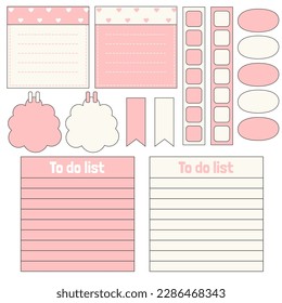Cute blank paper notes. Stationery organizer set. Scrapbook notes and memo schedule.Printable planner stickers. To Do List sticky note pad. Digital planning element. Vector illustration.