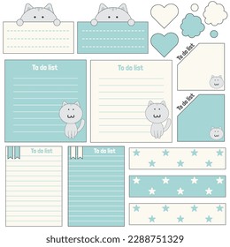 Cute blank paper notes. Stationery organizer set. Scrapbook notes and memo schedule.Printable planner stickers. To Do List sticky note pad. Digital planning element. Vector illustration.
