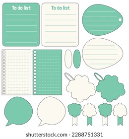 Cute blank paper notes. Stationery organizer set. Scrapbook notes and memo schedule.Printable planner stickers. To Do List sticky note pad. Digital planning element. Vector illustration.