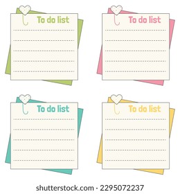 Cute blank paper notes. Stationery organizer set. Scrapbook notes and memo schedule.Printable planner stickers. To Do List sticky note pad. Digital planning element. Vector illustration.