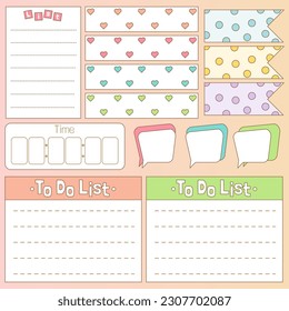 Cute blank paper notes. Stationery organizer set. Scrapbook notes and memo schedule.Printable planner stickers. To Do List sticky note pad. Digital planning element. Vector illustration.
