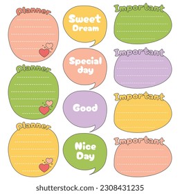 Cute blank paper notes. Stationery organizer set. Scrapbook notes and memo schedule.Printable planner stickers. To Do List sticky note pad. Digital planning element. Vector illustration.