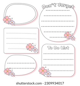 Cute blank paper notes. Stationery organizer set. Scrapbook notes and memo schedule.Printable planner stickers. To Do List sticky note pad. Digital planning element. Vector illustration.