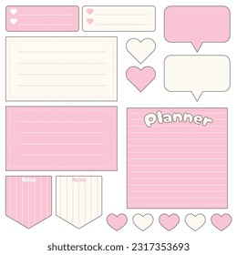 Cute blank paper notes. Stationery organizer set. Scrapbook notes and memo schedule.Printable planner stickers. To Do List sticky note pad. Digital planning element. Vector illustration.