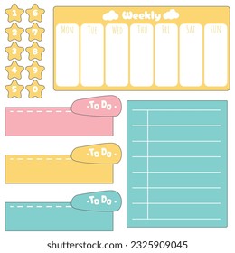 Cute blank paper notes. Stationery organizer set. Scrapbook notes and memo schedule.Printable planner stickers. To Do List sticky note pad. Digital planning element. Vector illustration.