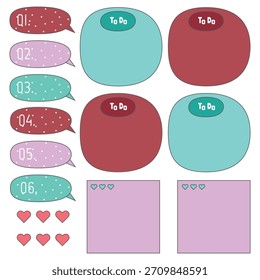 Lindas notas de papel en blanco. Conjunto de organizador de papelería. Notas de Scrapbook y calendario de notas. Pegatinas de planificador imprimibles. Para hacer la lista de notas adhesivas. Elemento de planificación decorativa. Ilustración vectorial.