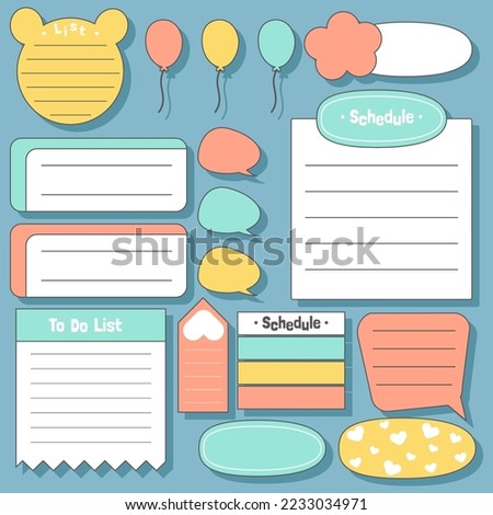 Cute blank paper notes. Stationery organizer set. Scrapbook notes and memo schedule.Printable planner stickers. To Do List sticky note pad. Decorative planning element. Vector illustration.