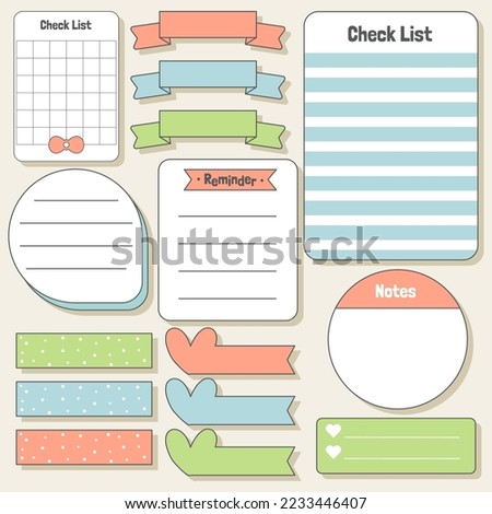 Cute blank paper notes. Stationery organizer set. Scrapbook notes and memo schedule.Printable planner stickers. To Do List sticky note pad. Digital planning element. Vector illustration.