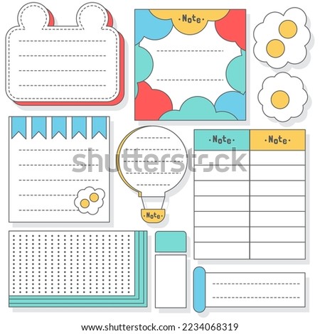 Cute blank paper notes. Stationery organizer set. Scrapbook notes and memo schedule.Printable planner stickers. To Do List sticky note pad. Digital planning element. Vector illustration.