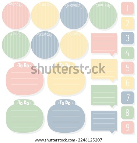 Cute blank paper notes. Stationery organizer set. Scrapbook notes and memo schedule.Printable planner stickers. To Do List sticky note pad. Digital planning element. Vector illustration.