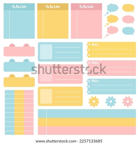 Cute blank paper notes. Stationery organizer set. Scrapbook notes and memo schedule.Printable planner stickers. To Do List sticky note pad. Digital planning element. Vector illustration.