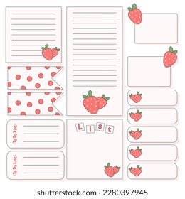 Cute blank paper notes with strawberry. Stationery organizer set. Scrapbook notes and memo schedule.Printable planner stickers. To Do List sticky. Digital planning element. Vector illustration.