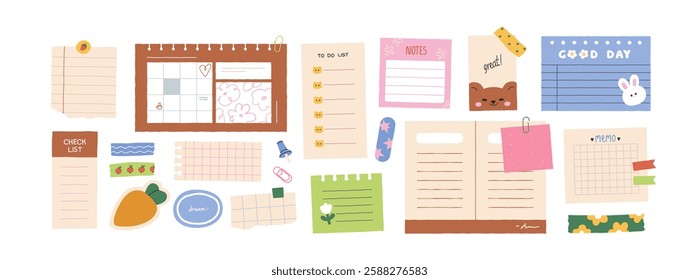 Cute blank papers, notes, stickers, tapes and pins set. Kids stationery for memos, reminders. Torn notepad pages, notebook sheets for writing. Flat vector illustration isolated on white background