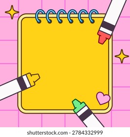 Cute blank spiral notebook surrounded by colorful markers on pink background for school, stationery, notes, journaling vector illustration cartoon style