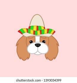 Cute Blenheim Cavalier King Charles Spaniel Celebrates Cinco de Mayo Wears Sombrero Cartoon Vector Illustration