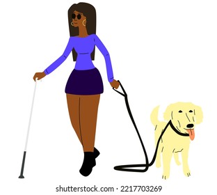 A cute blind girl with a labrador walks down the street in a mini skirt on a white isolate. A stylish handicapped man loves pets. Guide dog leads an African American woman svg