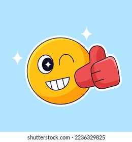 lindo parpadeo de la cara de emoji ojo con gesto de mano arriba para buen trabajo buen trabajo buen trabajo emoticono de medios sociales diseño de ilustración vectorial