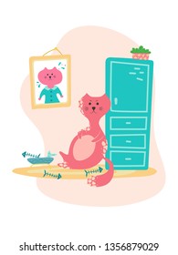 Cute bloated cat near the bowl of food in cartoon flat style. Hand drawn illustration with quote.