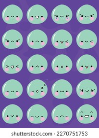 Cute Blobs Vector Illustration. Blobs in Different Moods and Purple Background Patterns in Japanese Kawaii style