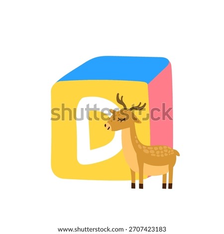 Cute block toy with letter D for kids. Alphabet study, preschool kids, word puzzle game.