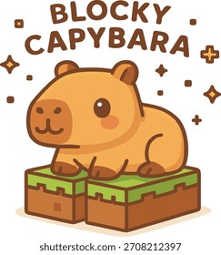Capibara lindo bloky sentado en cubos de hierba lisa en estilo kawaii, con Formas redondeadas, colores suaves y garabatos geométricos juguetones sobre un fondo blanco limpio. Perfecto para pegatinas, diseños infantiles