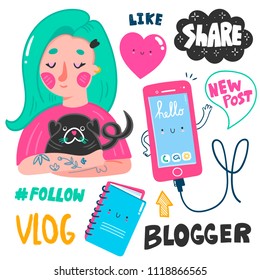 Cute blogger girl with a pug and various elements. Colored vector set. All elements are isolated