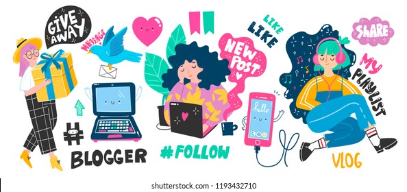 Cute blogger girls and various internet stuff. Big vector set. All elements are isolated