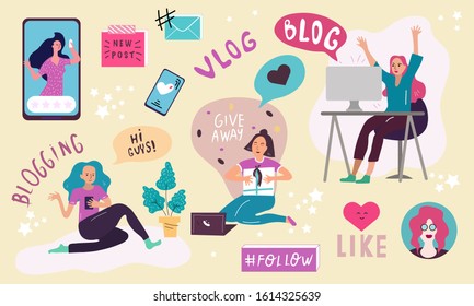 Cute blogger girls and various internet stuff. Vector set. All elements are isolated. Flat design. Cartoon style. 