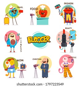 Cute bloggers characters vector cartoon set isolated on a white background.