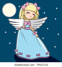 Cute blond angel dancing under the moon light and stars