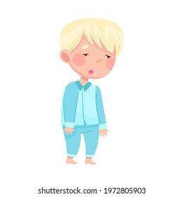 Cute Blond Boy in Blue Pajamas Yawning Feeling Sleepy Vector Illustration