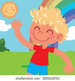 cute blond boy cartoon rainbow