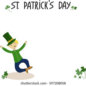 Cute blond boy character in green shirt and leprechaun's green hat. Lettering with clover. Saint Patrick's day background for the site, shop, magazine promotions. Place for your text.