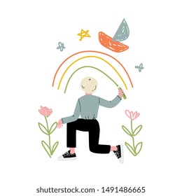 Cute Blond Boy Drawing Rainbow on Wall with Color Pencils, View From Behind Vector Illustration