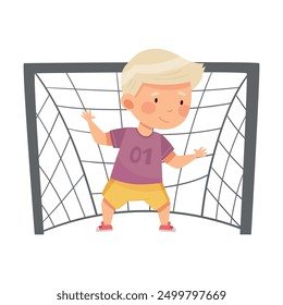 Cute Blond Boy Goalkeeper Catching Ball Between Goalposts Vector Illustration