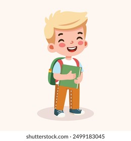 Cute blond boy are happy with backpack and book. Back to school concept. Vector illustration in flat cartoon style