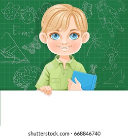 Cute blond boy holds textbook and large white horizontal banner on green background